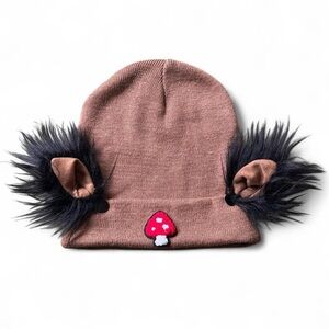Adorable handmade brown beanie with embroidered mushroom and ears